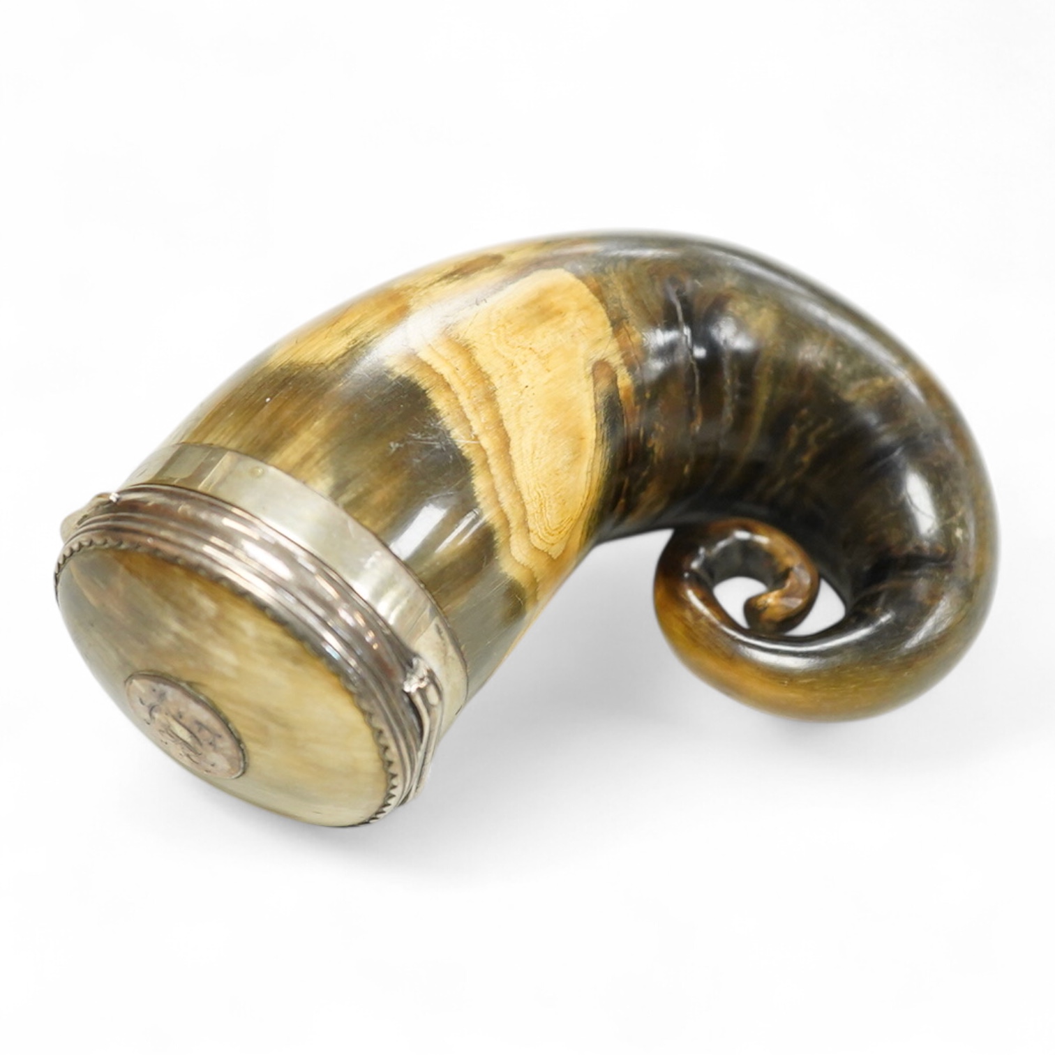 A 19th century Scottish white metal mounted horn snuff mull, engraved 'John Turnbull' 85mm, (a.f.).